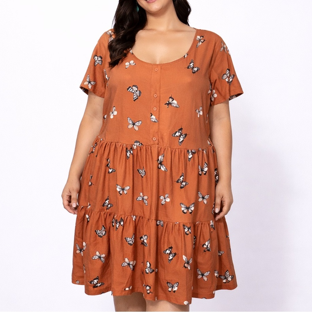 J for Justify Rust Orange Butterfly Tiered Mini Dress